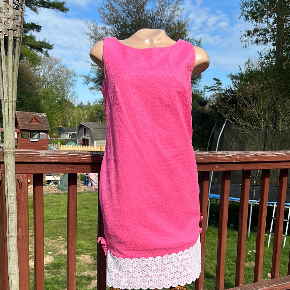 Lilly Pulitzer Fitch Shift Jacquard Sleeveless Hot Pink Dress Size 2 - Lace Hem